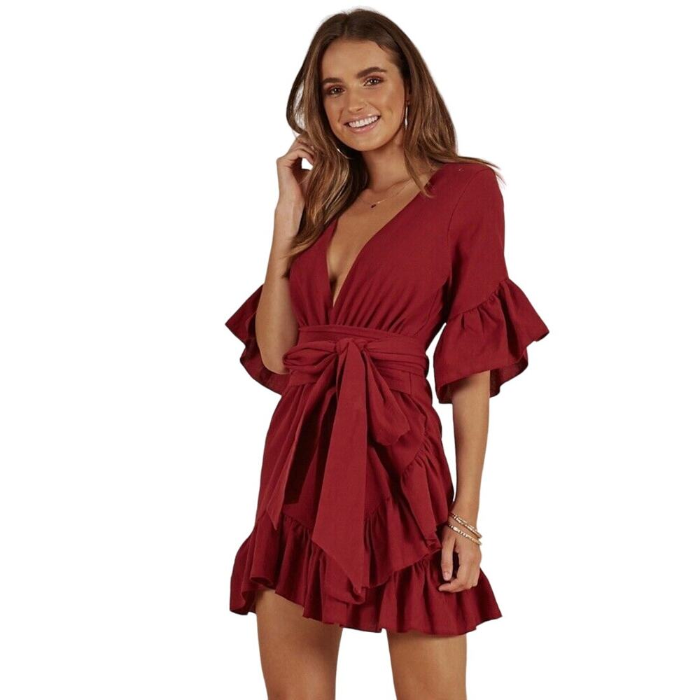 NWT SHOWPO WOMEN FREE MIND DRESS IN WINE LINEN LOOK SIZE 2‎